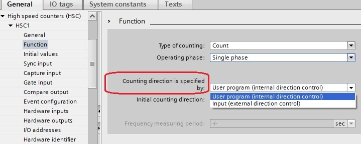 بخش Counting direction is specified by