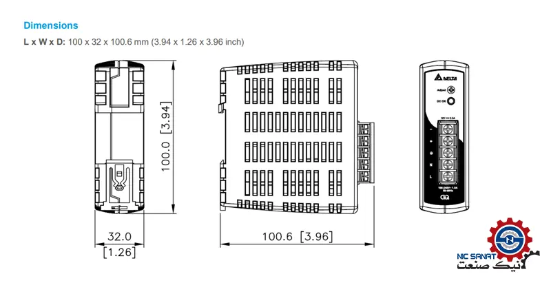 ابعاد منبع تغذیه دلتا سری DRP مدل DRP012V030W1AZ