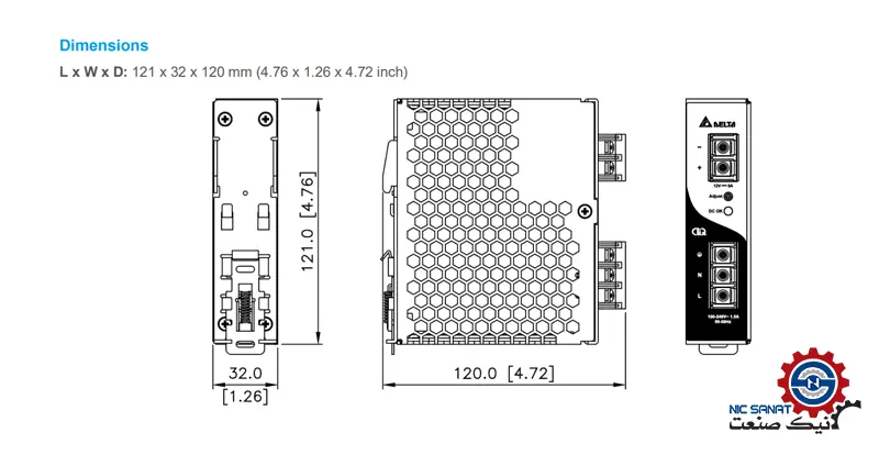 ابعاد منبع تغذیه دلتا سری DRP مدل DRP012V060W1AA