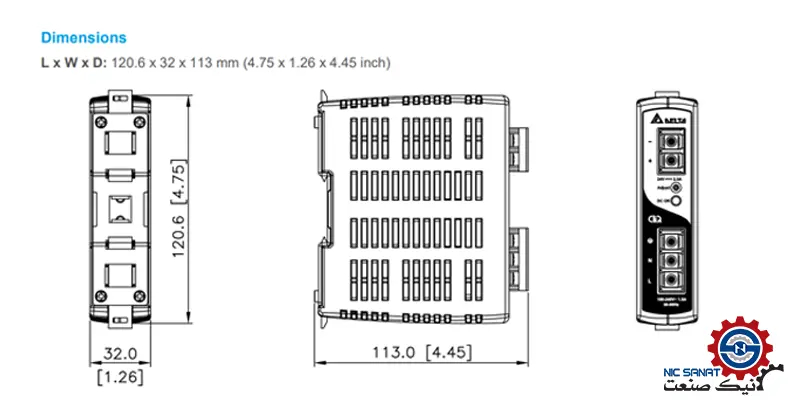 ابعاد منبع تغذیه دلتا سری DRP مدل DRP024V060W1AZ