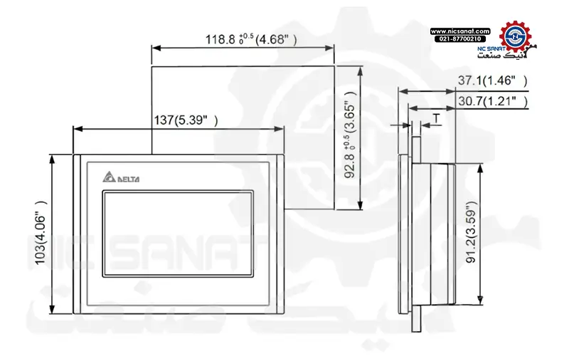ابعاد HMI برند دلتا مدل DOP-103BQ