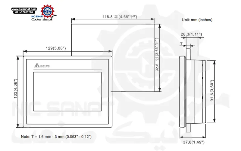 ابعاد HMI دلتا مدل DOP-103SQ