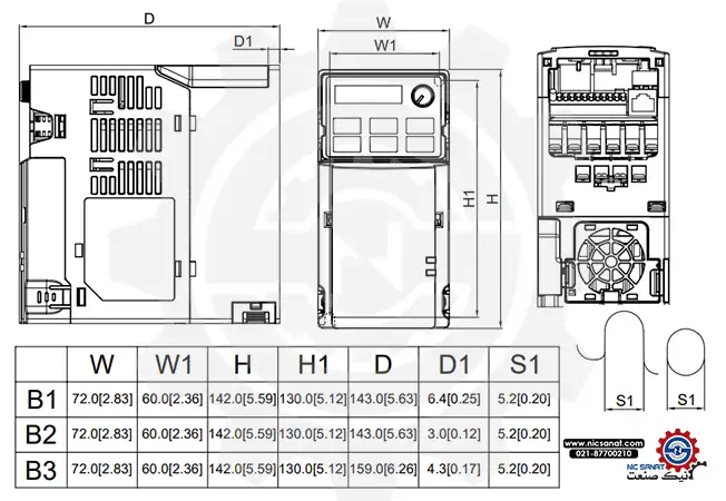 ابعاد اینورتر VFD4A2MS43ANSAA سری MS300 دلتا