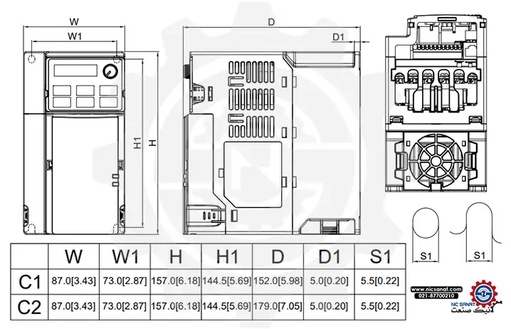ابعاد اینورتر VFD9A0MS43ANSHA سری MS300 دلتا